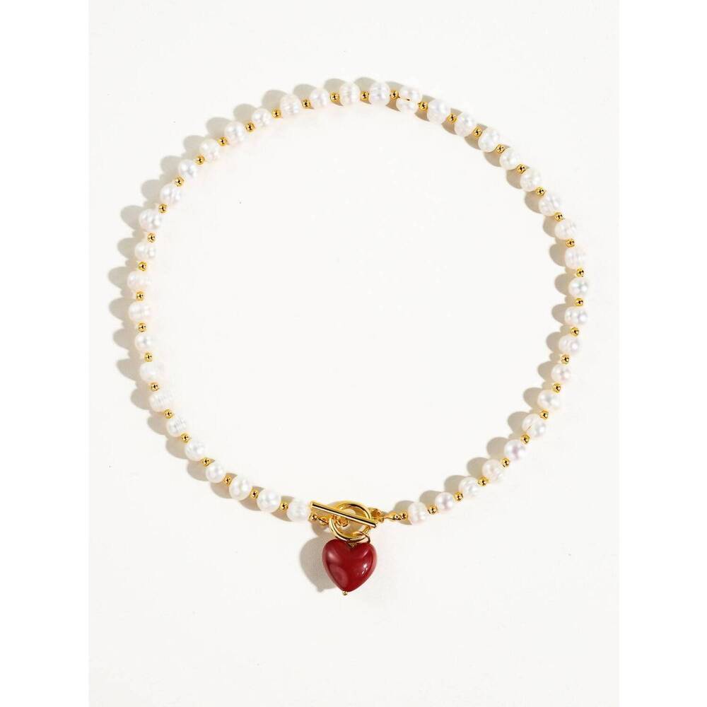 NEW FLANERIE BY MAIQ women's wren vintage pearl heart necklace in red